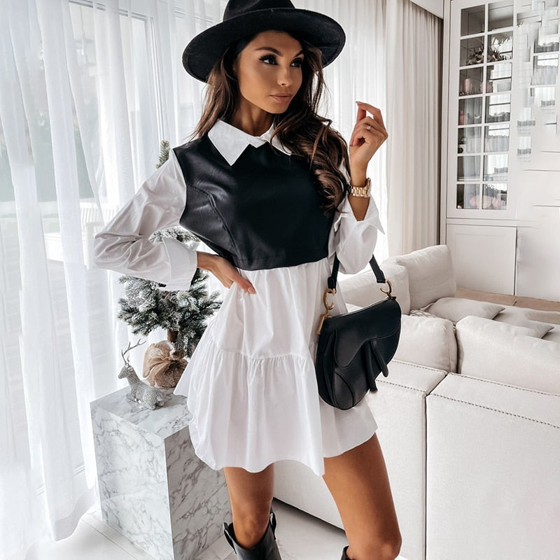Casual Long Sleeve Mini Shirt Dress For Women White Spring PU Leather
