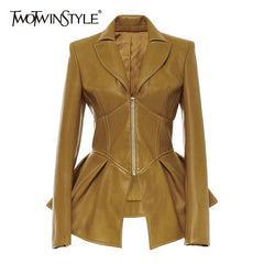 Biker Style Patchwork Irregular Jacket Women Lapel Collar