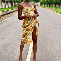 Women Vintage Yellow Tie dye Flower print  Spaghetti Strap Dress