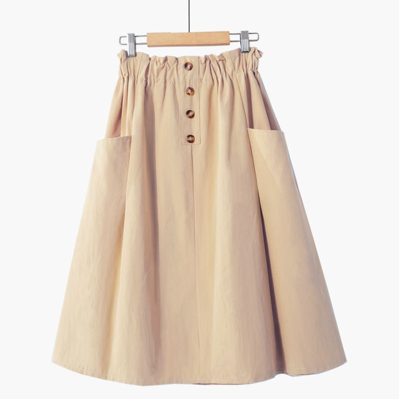 Women Summer Skirt Spring Korean Style Casual Solid High Waist  A-Line Midi Skirts