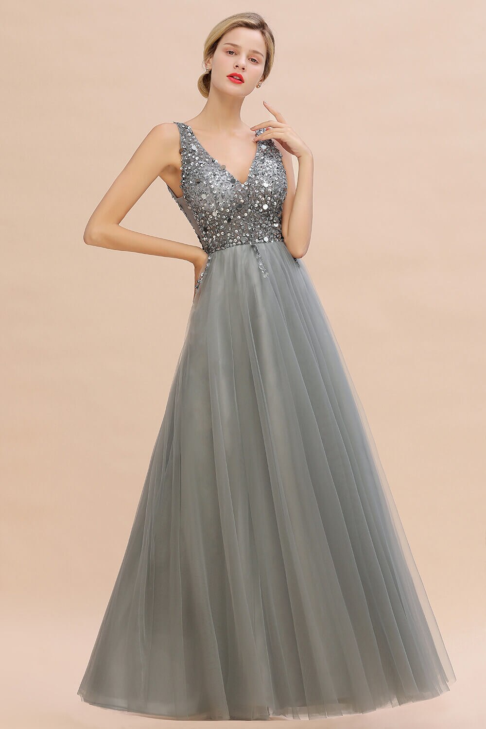 Homecoming Dresses: V-neck Prom Dresses Long Backless Sequins Prom