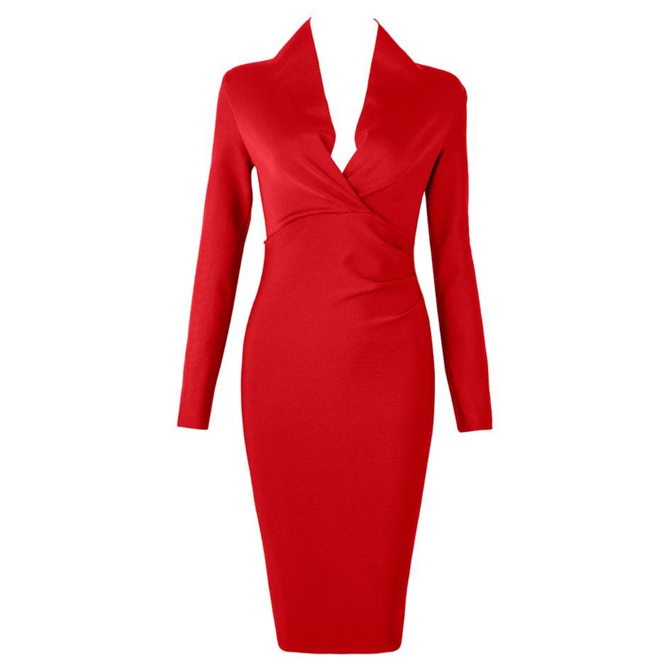 Spring Deep V Neck Women Bandage Dress Full Sleeves Celebrity Bodycon Dress