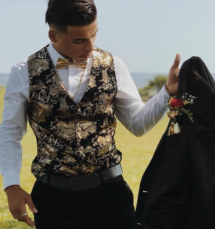 Mens Gold Metallic Paisley Printed Steampunk Vest Single Breasted V Neck