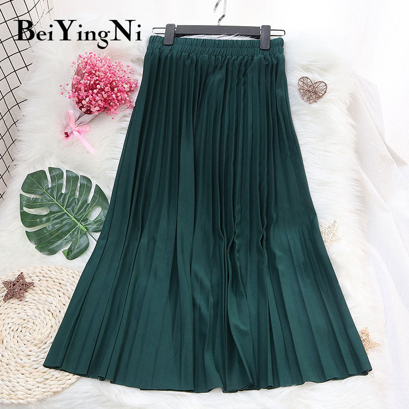 Pleated Midi Skirt Elastic High Waist Sweet Casual Summer Slim