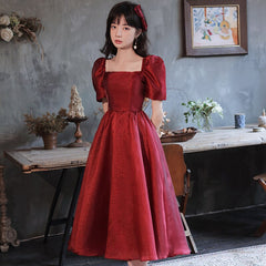 Burgundy Simple Prom Dress Puff Sleeve Square Collar Long Party