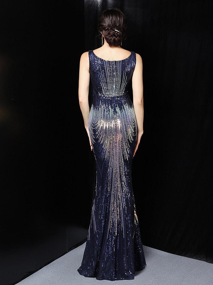 Evening wear Dresses: O-neck Sleeveless Shining Sequins Elegant Mermaid Evening Dress