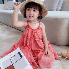 Summer Girls Dress Sweet Strawberry Net Yarn Suspender Dress Baby Kids Clothes