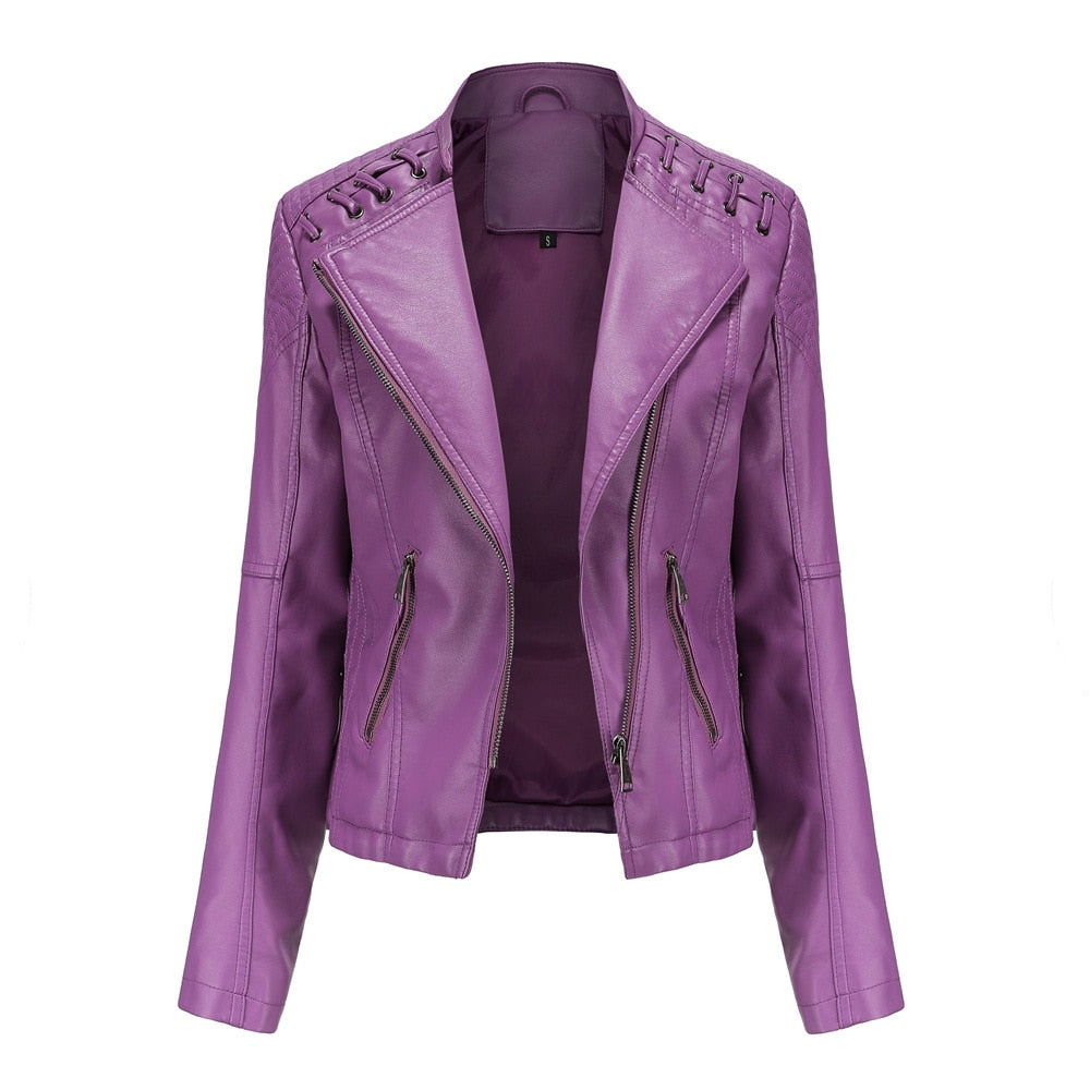 Women's Leather Jacket Slim Turn-down Collar Short PU Leather Jacket