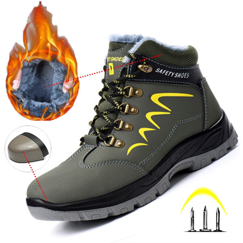 Winter Safety Work Boots Steel Toe Working Men Boots Warm Add Velvet Cold