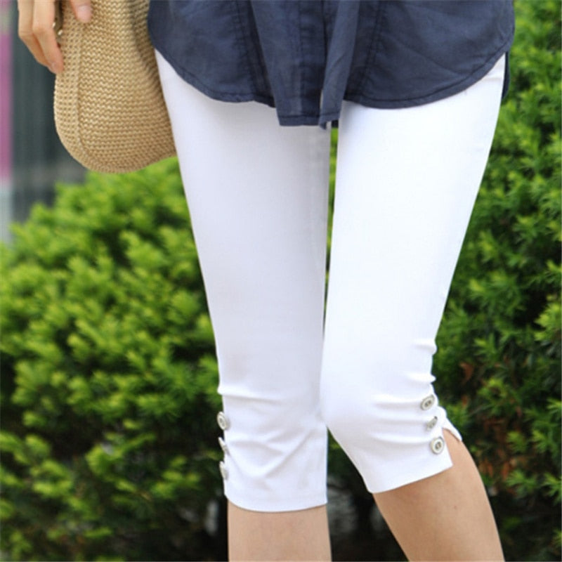 Women Casual Cropped Pants Solid Color Button Fly Waist Slim