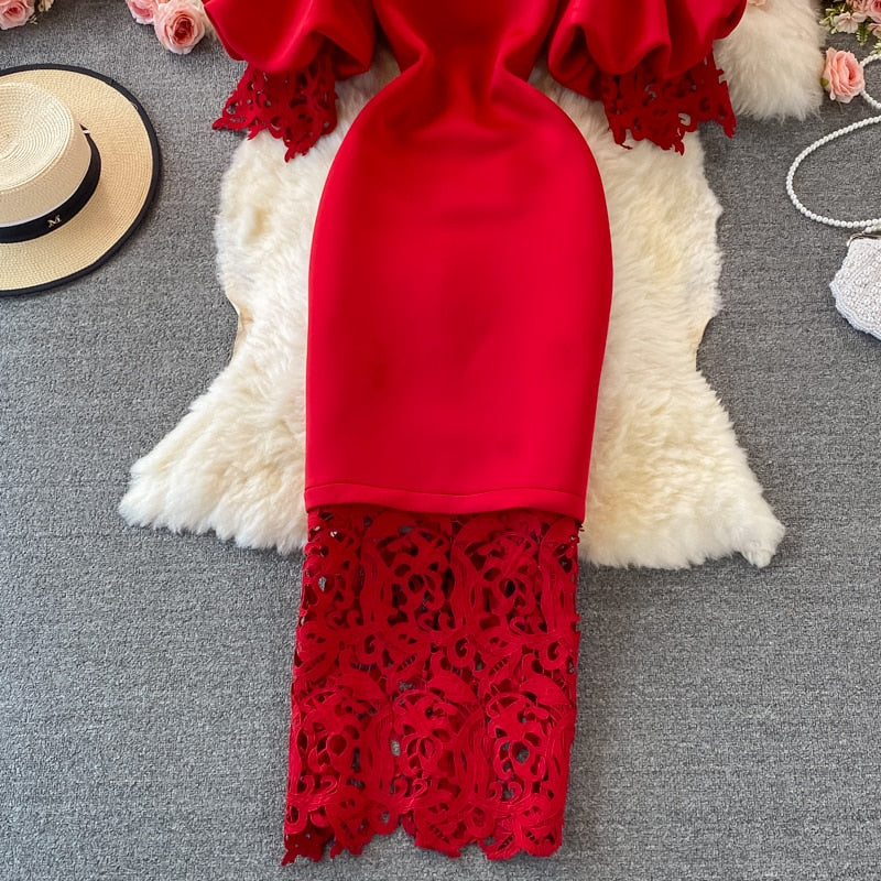 Out Lace Bodycon Long Dress Women Elegant Red/Pink/White Off Shoulder