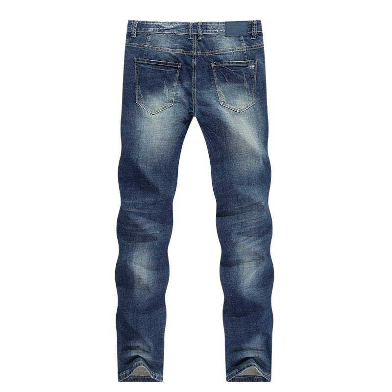 Dark Blue Jeans Men Stretch Slim Straight Regular Fit Spring Casual Pants Denim