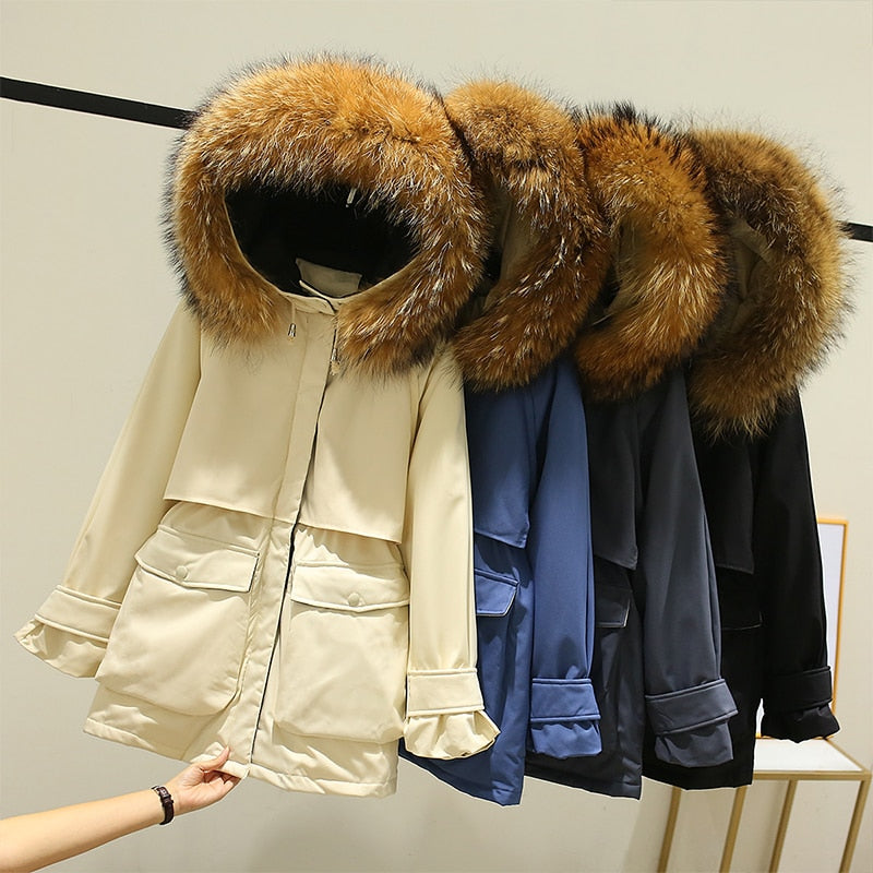 Winter Jacket Women Large Natural Fur White Down Coat