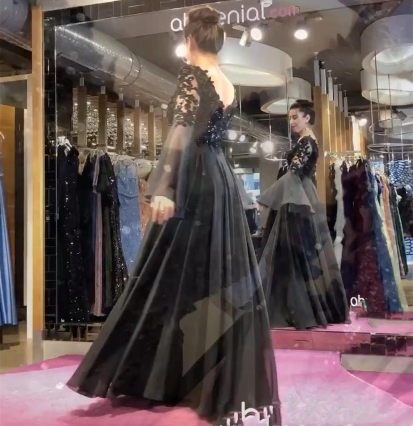 Evening wear Dresses: Flare Long Sleeve V-Neck Lace Appliques Sequins