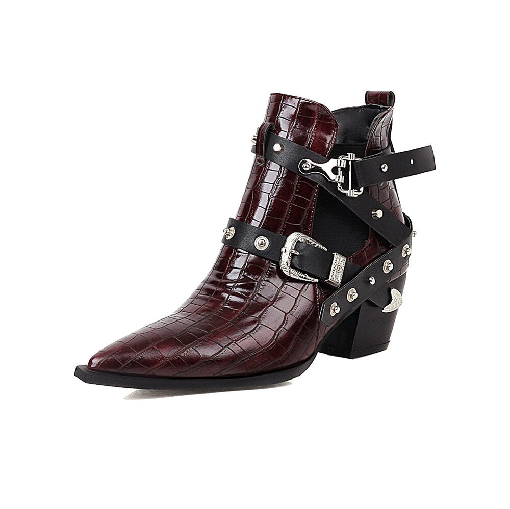 Motorcycle Western Cowboy Boots Women Snake PU Leather Short Cossacks