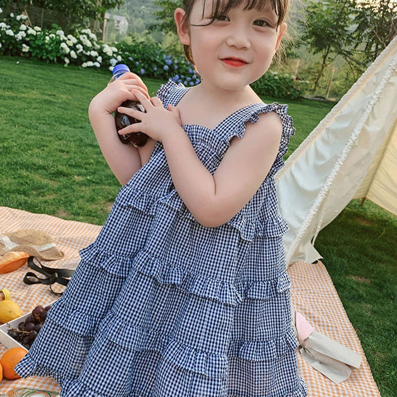 Summer Girls Dress Children Clothing Toddler Baby Kids Suspender Plaid Vest Dress