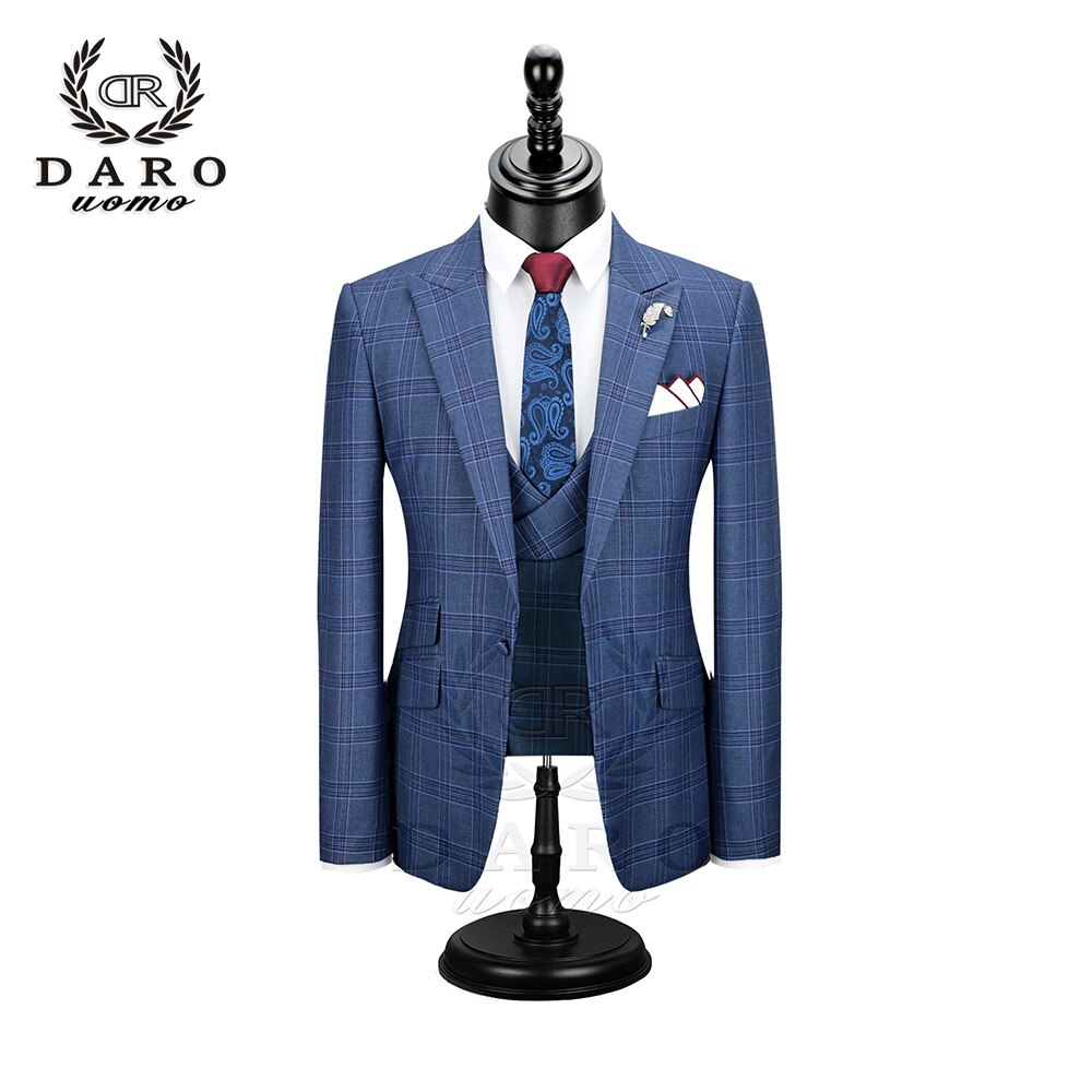 DARO Men Suit 3 Pieces Fashion Plaid Suit  Slim Fit  blue purple