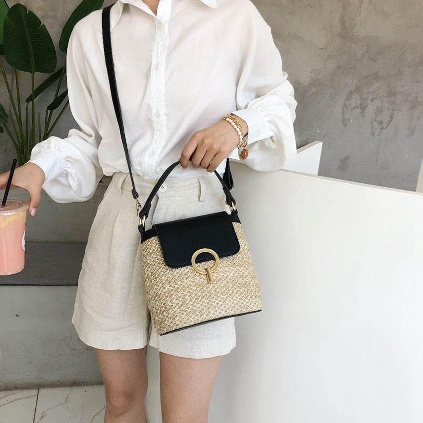 Small Straw Bucket Bags For Women Summer Crossbody Bags Lady Travel