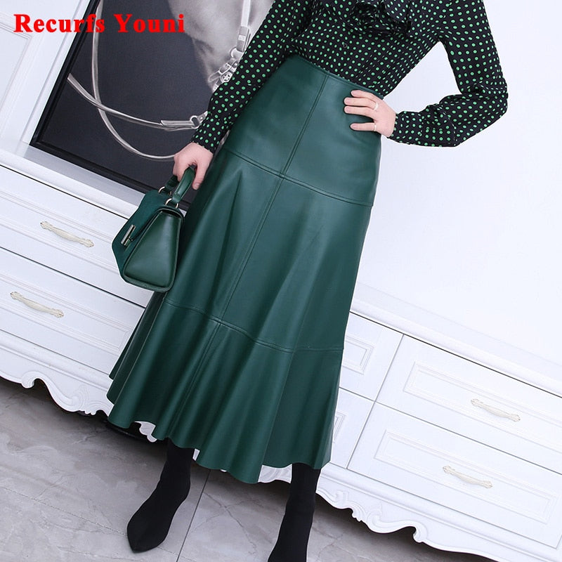 Maxi Skirt Women Female Harajuku Chic Genuine Leather 80cm Long Fishtail Jupe