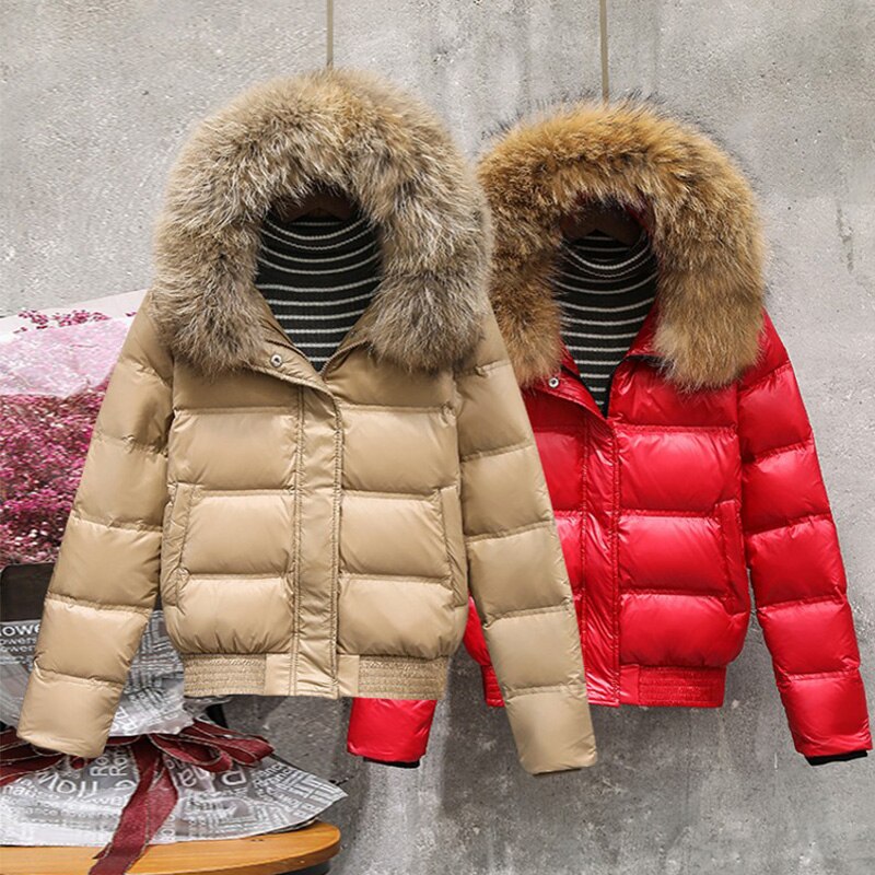 Winter Real Raccoon Fur Feather Jacket Women Hooded Slim White Down