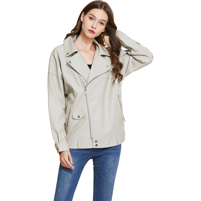 Fitaylor Autumn Women Faux Leather Jacket Casual Loose Soft Pu