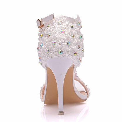 Women Sandals White Lace Flowers Pearl Tassel 9CM Fine High Heels Slender