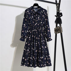 Floral Print Women Dress Female Autumn Long Sleeve Vintage Chiffon Bow Tie