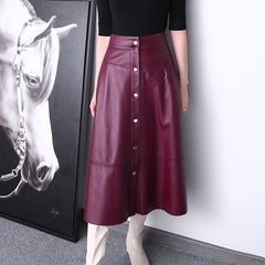 Women Maxi Skirt Femme Genuine Leather Side Pocket Buttons A-line