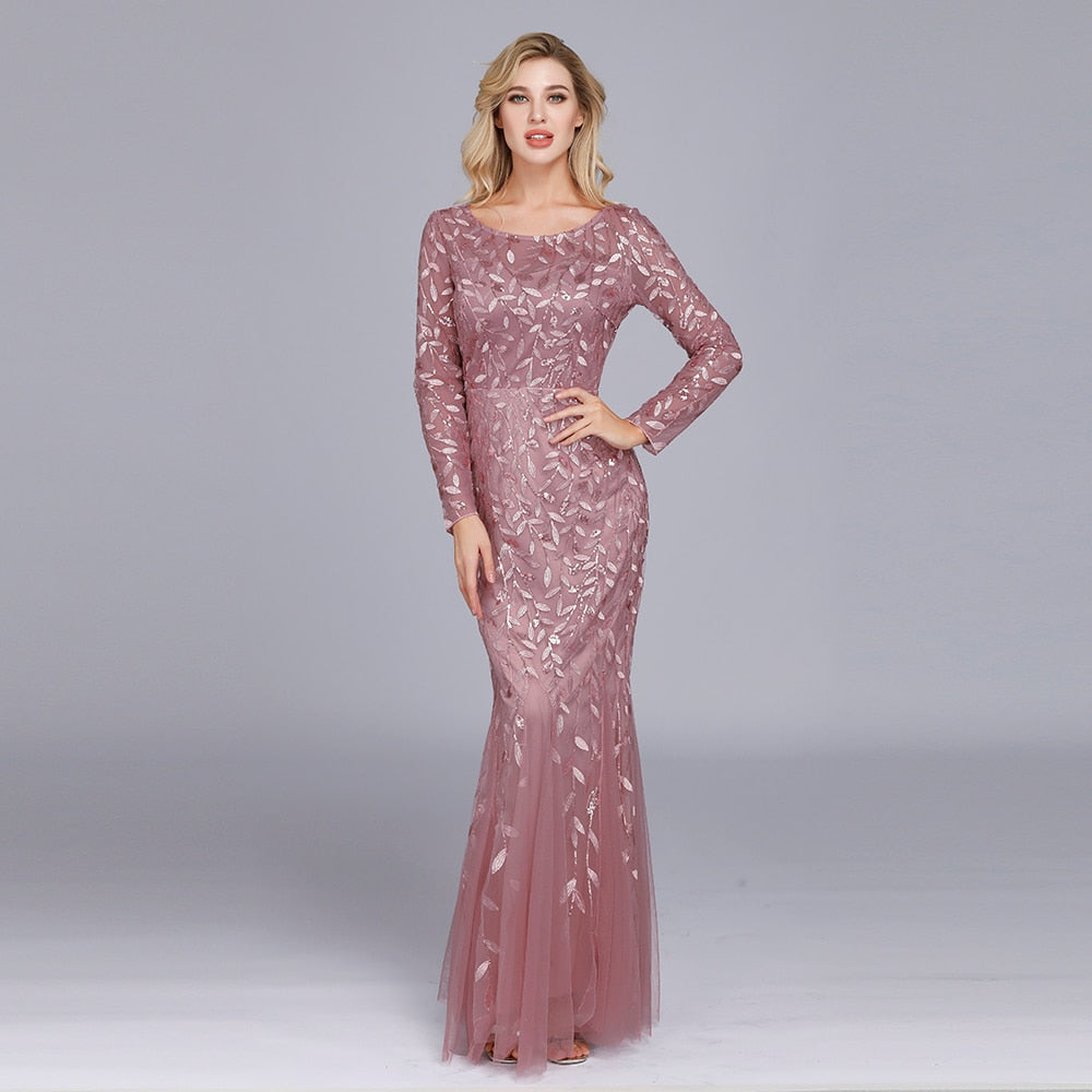 Evening wear Dresses: O Neck Full Sleeve Lace Appliques Tulle Long Party Gown