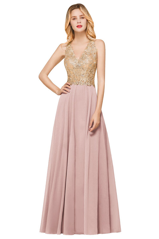 Homecoming Dresses: Long Prom Dresses V Neck Sleeveless Gown Gold Lace Applique