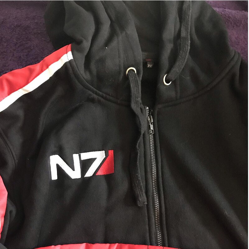 Cosplay N7 Mass Effect Zip Up Hoodie Men Black Anime Hooded Sweatshirt