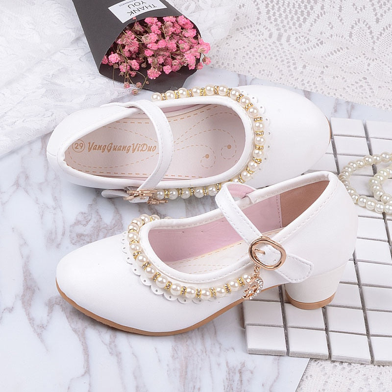 Princess Kids Leather Shoes for Girls High Heels Beaded Children