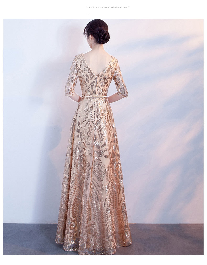 Evening wear Dresses: Women Banquet A- Line Dresses Slim V-Neck Host Formal Gown