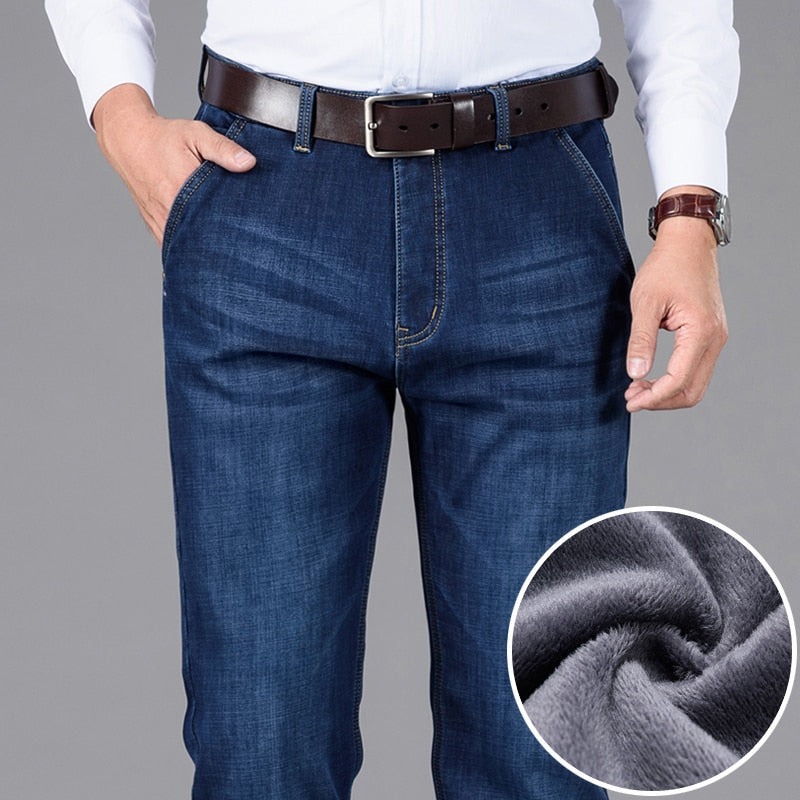 Classic Style Winter Men's Warm Business Jeans Fashion Casual Denim