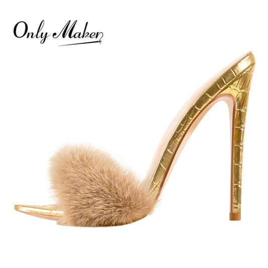 Peep Toe Mules Artificial Fur Slip On Gold White Thin High Sandals