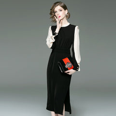 classic contrast color slim dress round neck long sleeve OL commuter long dresses