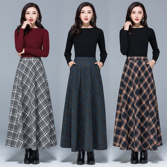 Mom High Waist Woolen plaid Skirts Autumn Winter Women Plus Size