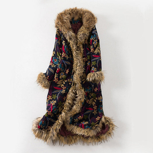 Ethnic Style Winter Coat Fur Collar Long Dust Coat Windbreaker Cotton Linen