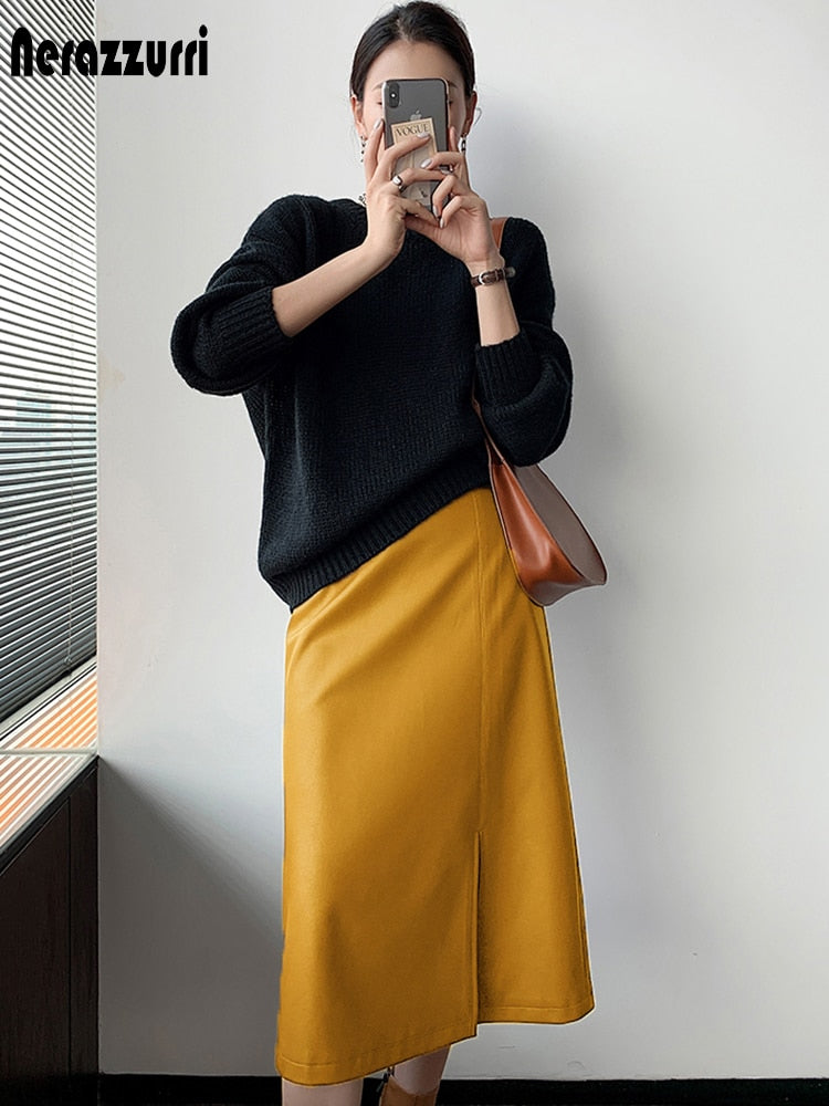 Midi skirts below knee Yellow black soft leather skirt women zipper