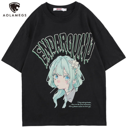 T-shirt Men Green Hair Girl Cartoon Anime Printed O-Neck  Streetwear