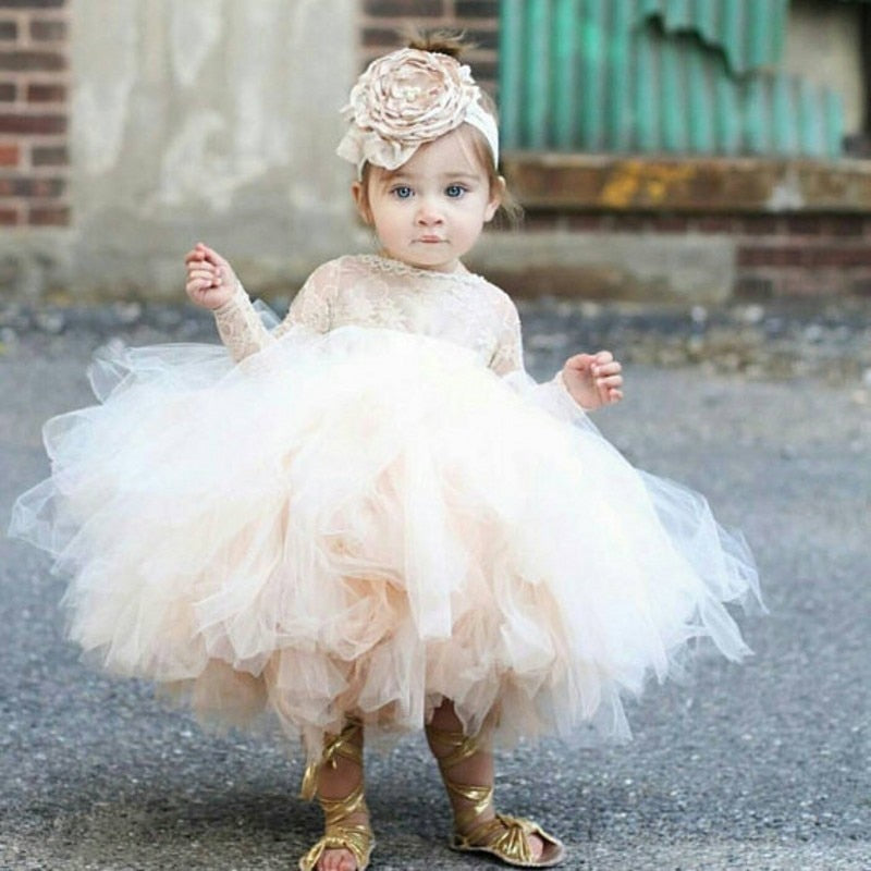 Champagne Tulle Baby Girls Baptism Dress 1st Birthday