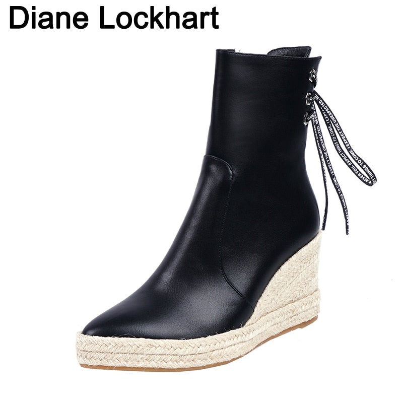 Women Wedge Ankle Boots Casual Lace Up Low Heels Female Platform Shoes