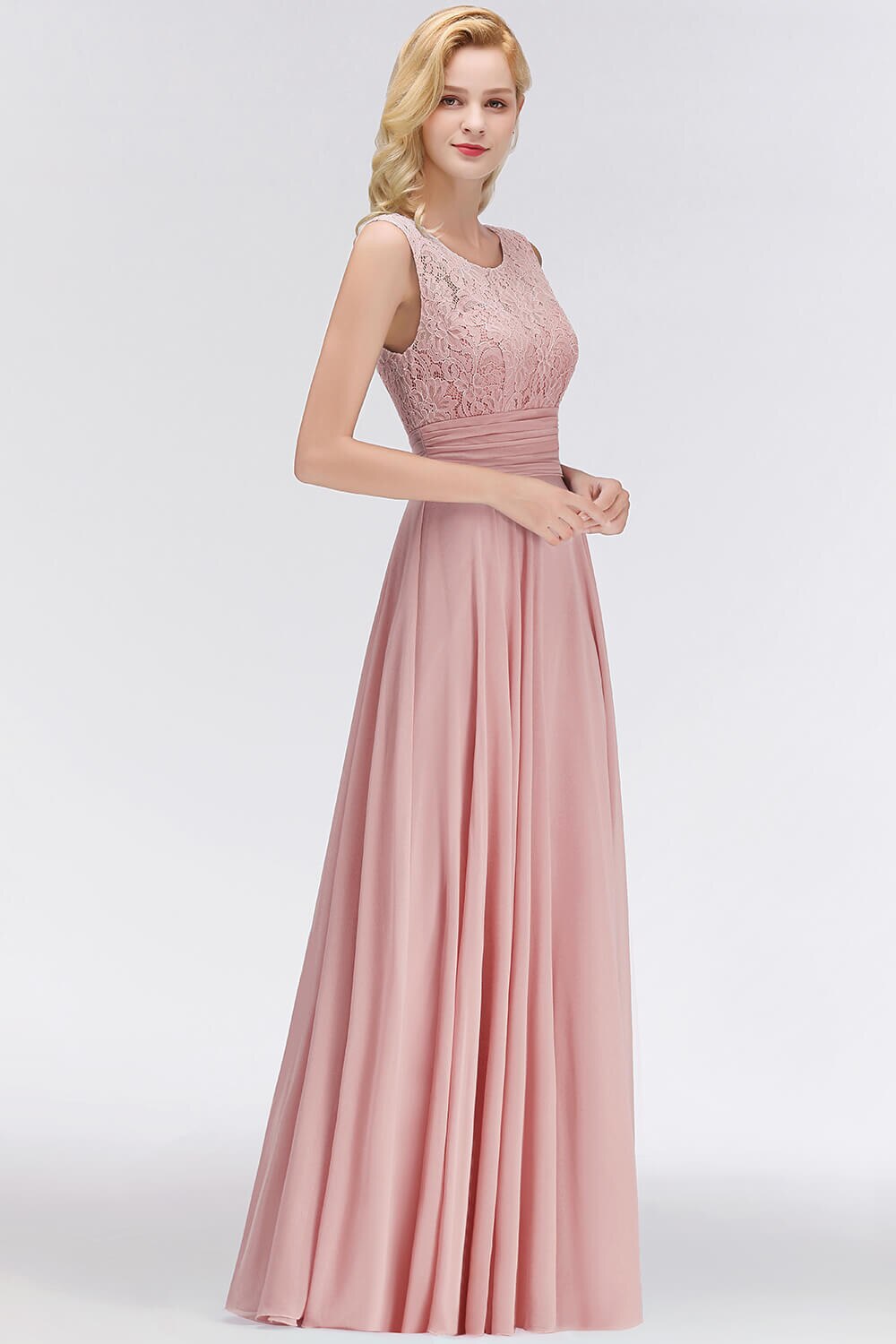 Homecoming Dresses: Dusty Pink Lace Long Bridesmaid Dresses Stretchy A Line