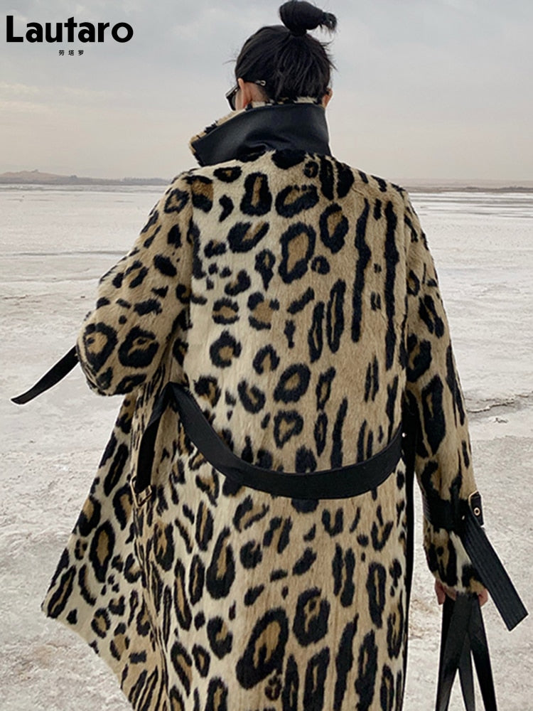 Lautaro Winter Long Leopard Print Warm Fluffy Faux Fur Trench Coat