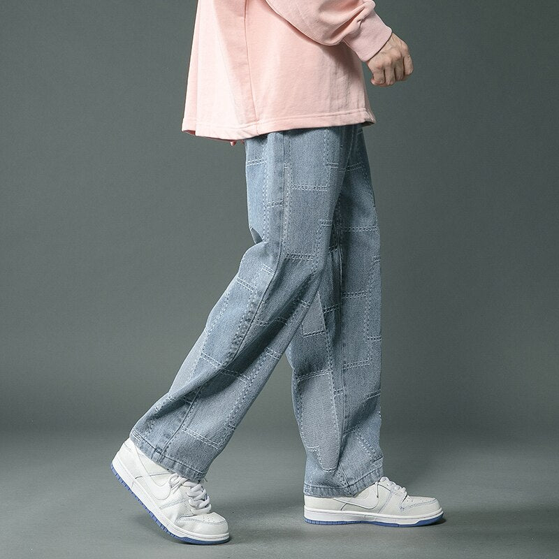 Men Jeans Vintage Geometric Patchwork Hip Hop Denim Pants