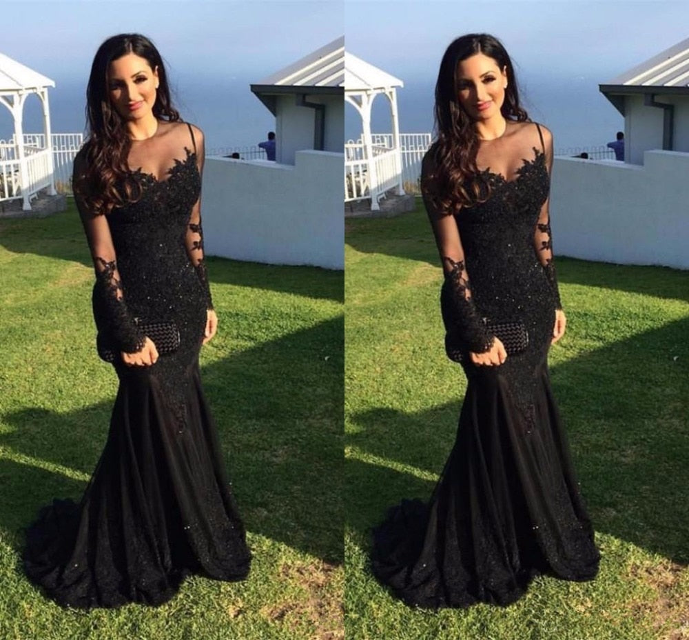 Black Evening Dresses: Mermaid Long Sleeves Appliques Lace Beaded