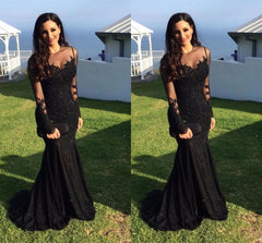 Black Muslim Evening Dresses Mermaid Long Sleeves Appliques Lace Beaded