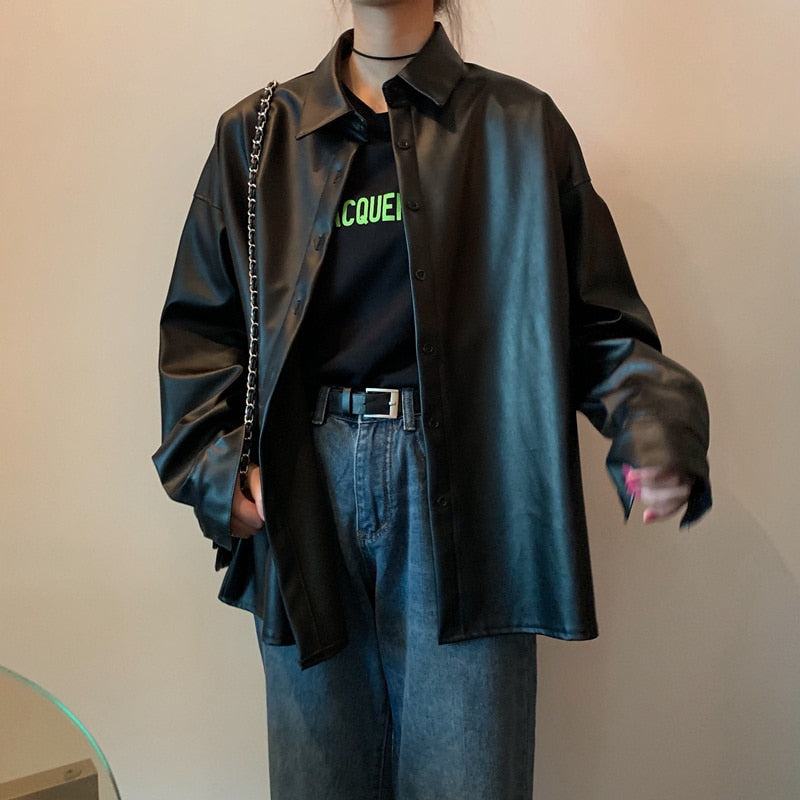 Women oversized PU leather blouses Spring Autumn Black