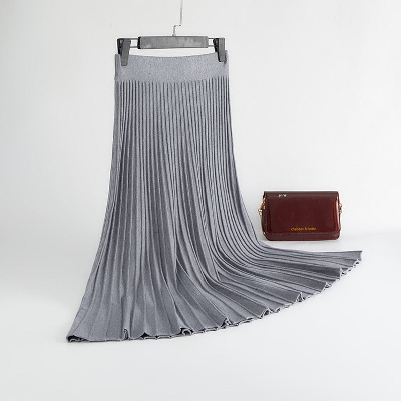 Vertical Striped knitted Women Sweater Skirt Elastic Band Pleated Midi Skirts