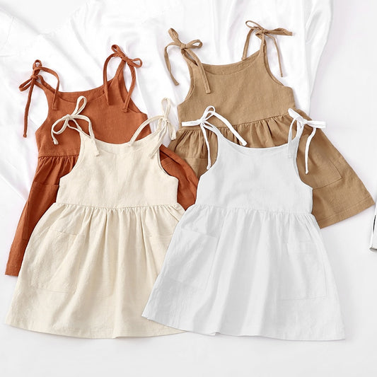 Summer Girls Clothes Dresses Pure Color Cotton Linen Sleeveless Lace-up Kids